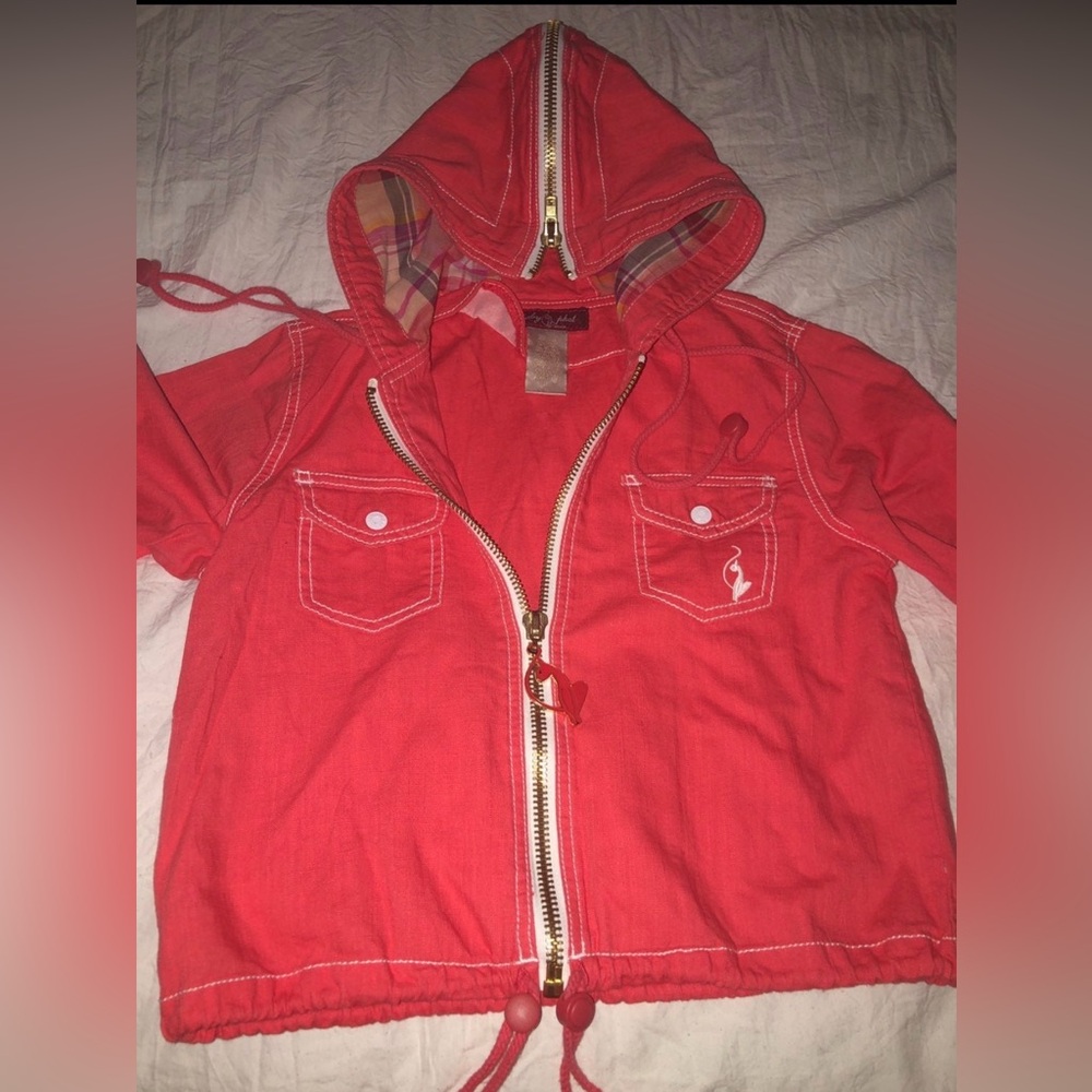 Baby phat linen cotton elastin jacket. Coral zip front zip hood